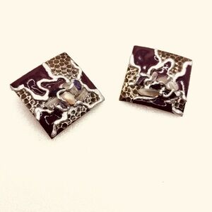 Vintage Copper Enamel Unique Square Earrings with Abstract Design